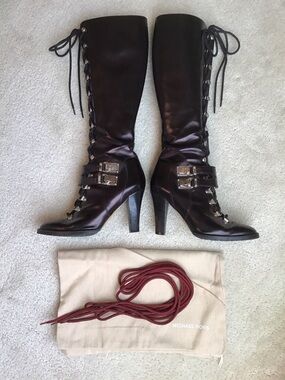 Michael Kors Zonda Italian Leather Double Buckle Lace Up Boots, Size 6